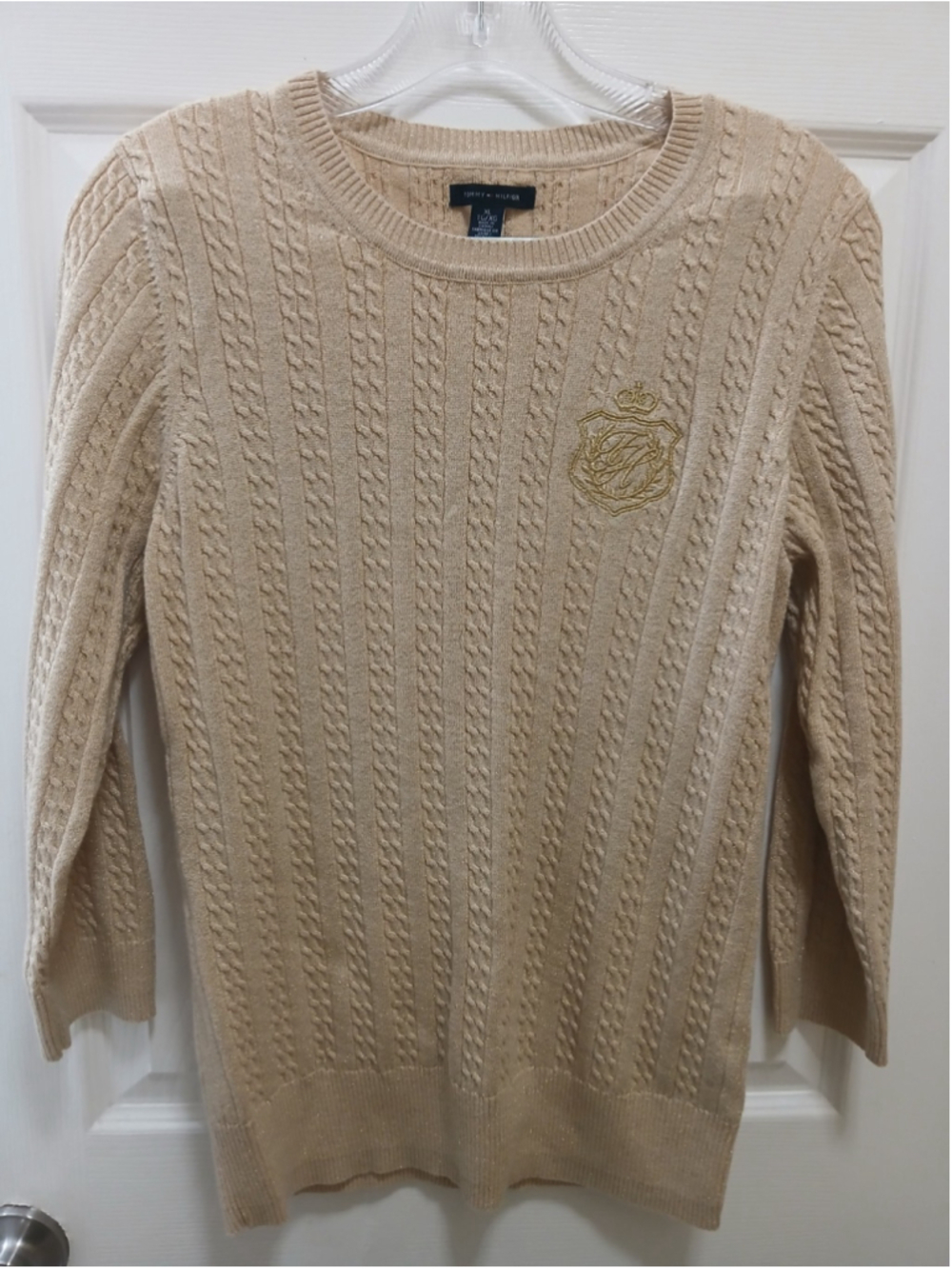 Tommy Hilfiger Women's Sweater Sz XL Gold Metallic Sparkle 3/4 Sleeve Cable Knit